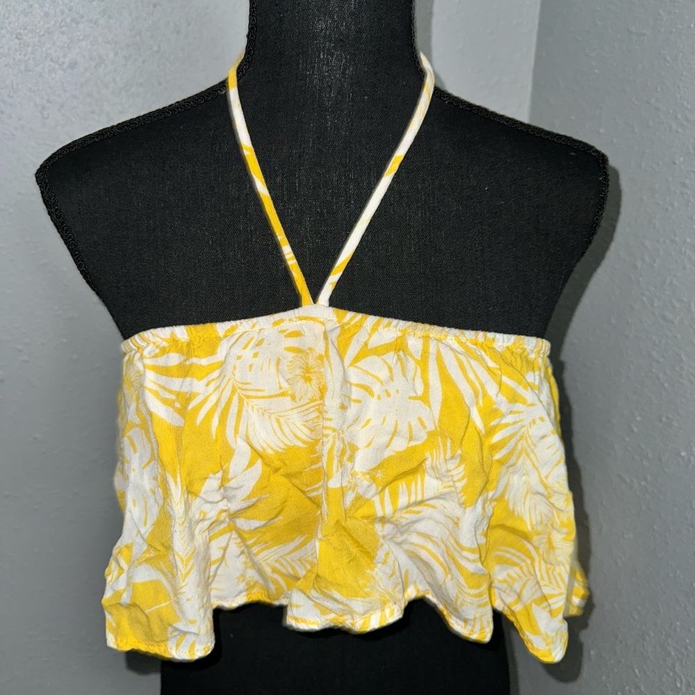 Forever 21 Yellow and White Tropical Halter Ruffle Crop Top